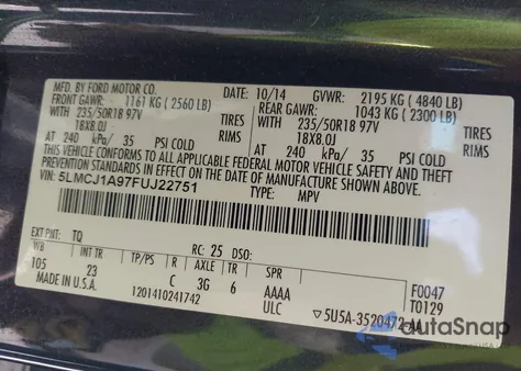 2015 Lincoln Mkc z USA, uszkodzony, nr VIN 5LMCJ1A97FUJ22751